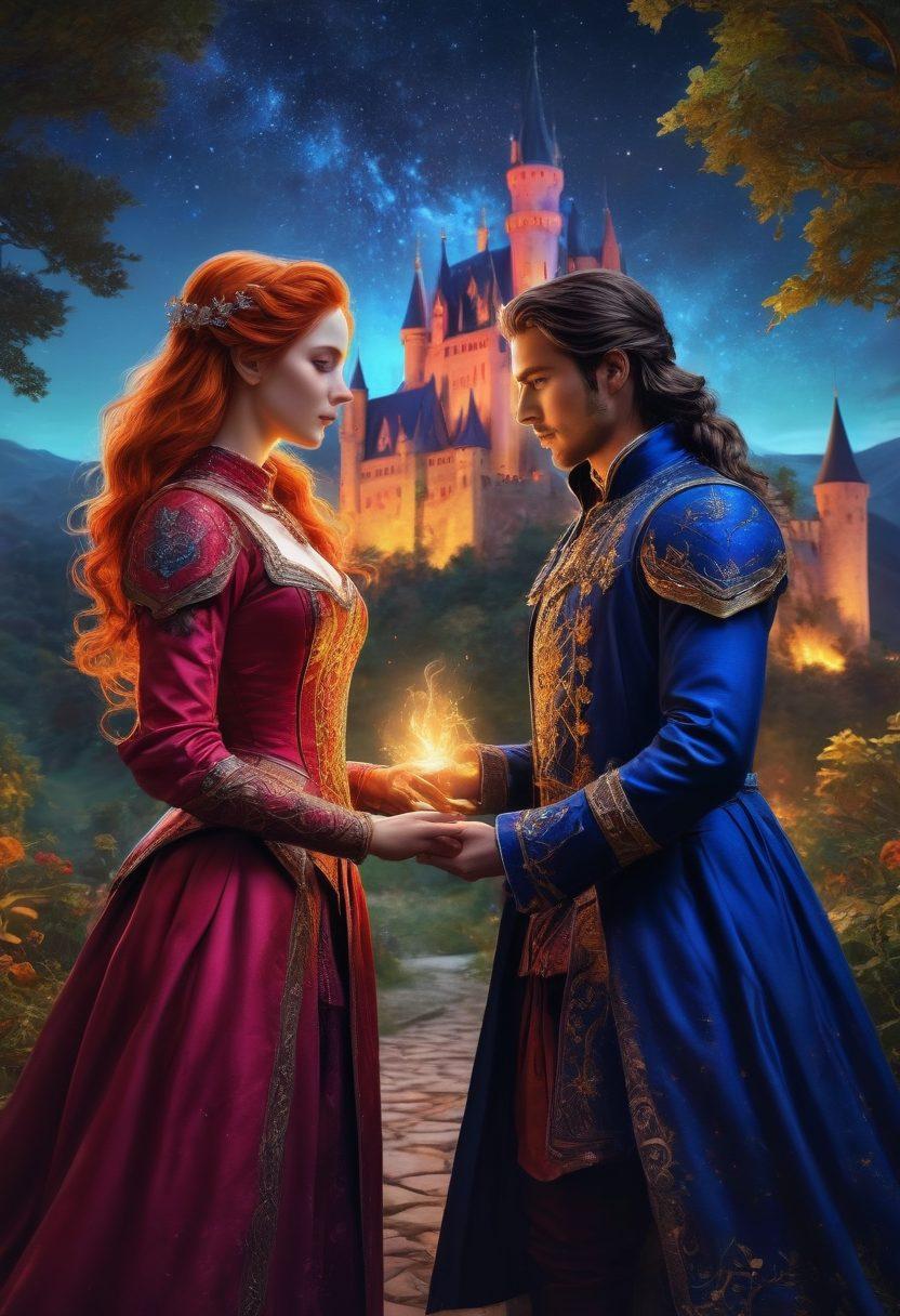 A lush, fantasy-inspired landscape featuring a dramatic, fiery castle under a starry night sky. In the foreground, two intricately dressed characters are engaged in a steamy game scenario, deeply immersed in a vibrant card game surrounded by glowing magical elements. The atmosphere is charged with excitement and tension, blending reality with enchanting fantasy. Highlight intricate details in the characters' costumes and expressions to evoke emotion. vibrant colors. fantasy art. 3D.
