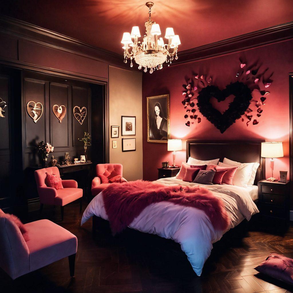 A seductive atmosphere featuring a cozy room adorned with soft, dim lighting, plush pillows, and playful adult games scattered around. In the foreground, a pair of enticing silhouettes engage in a flirty, playful interaction, surrounded by whimsical hearts and playful props like feather boas and masquerade masks. Captivating shadows dance on the walls to create a tantalizing vibe that invites exploration. vibrant colors. soft focus. romantic ambiance. 3D.