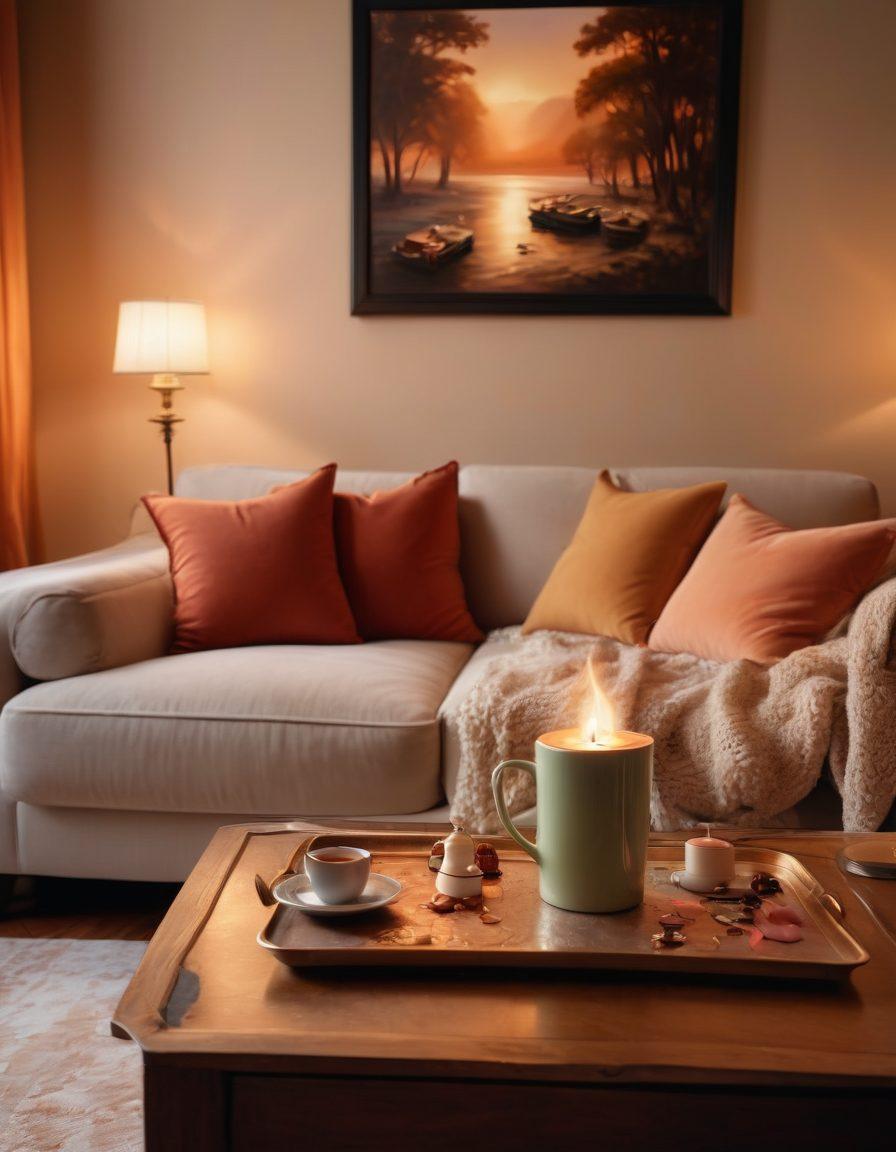 A cozy, dimly-lit living room featuring a plush sofa adorned with silky cushions, a coffee table with playful game pieces scattered, and hints of steam rising from a nearby cup of hot cocoa. Subtle romantic lighting creates an intimate atmosphere, while sensual game artwork adorns the walls. In the background, a soft glow from a computer screen adds to the allure. warm colors. digital painting.